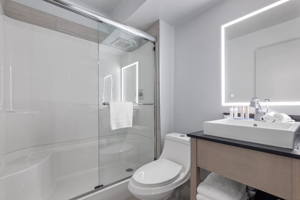 Eco-friendly toiletries, hair dryer, towels