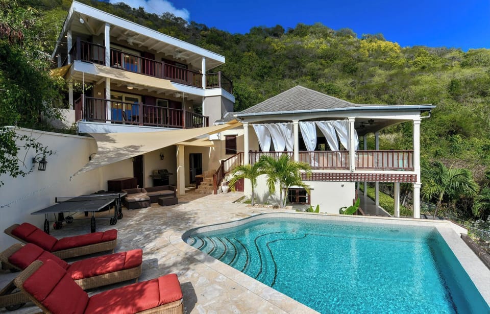 the villa (on the left) and the pool area