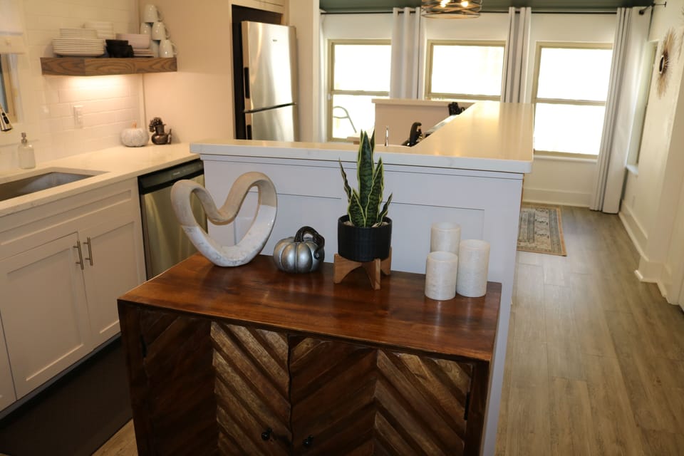 Plenty of family games are in the hutch next to the kitchen island.
