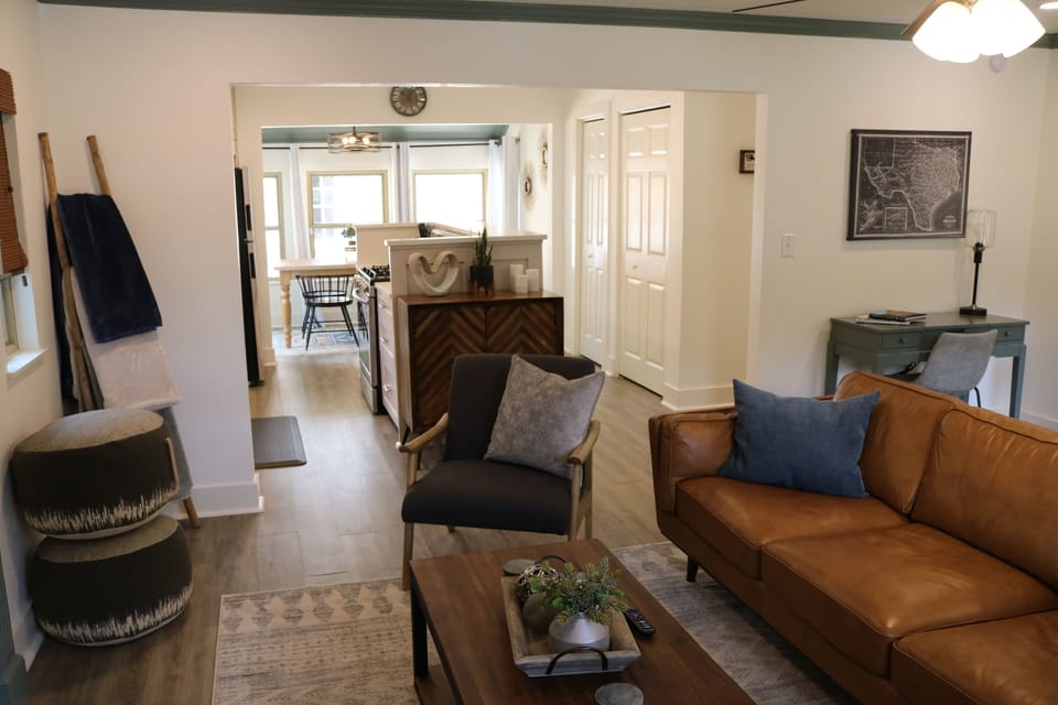 The open floorplan brings the living room, kitchen and dining room together.