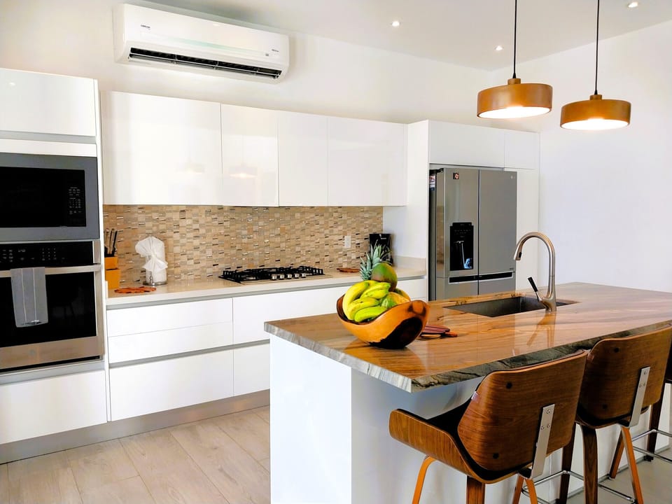 Chef kitchen with oven, dishwasher, gas stove and side-by-side fridge