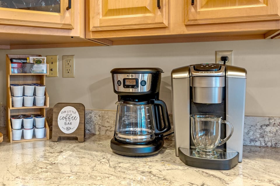 Our Coffee Bar comes with a drip coffee maker and Keurig!