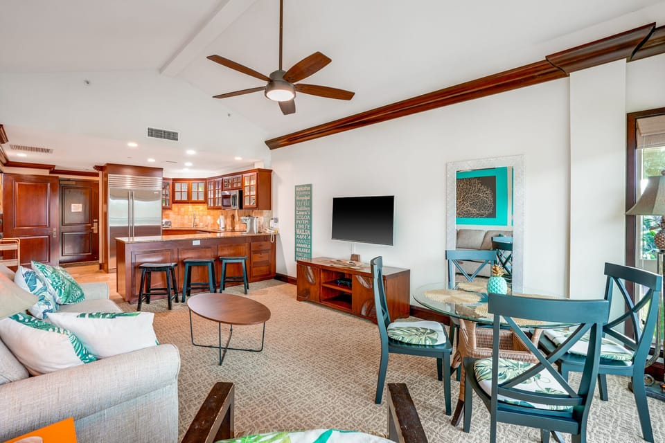 Newly renovated living room with vaulted ceilings
