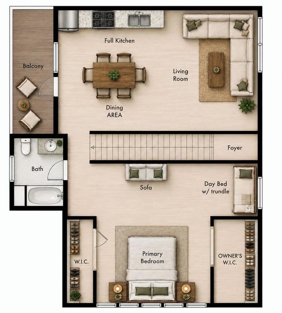 Style Studio floor plan featuring a king bedroom, twin daybed, full kitchen, living and dining areas, full bathroom, and private balcony.