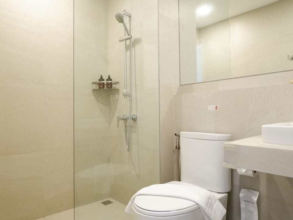 Shower, hair dryer, soap, shampoo