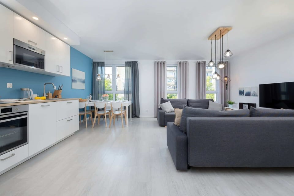 The spacious space harmoniously combines a seating area with two sofas and a flat-screen TV with a kitchenette.