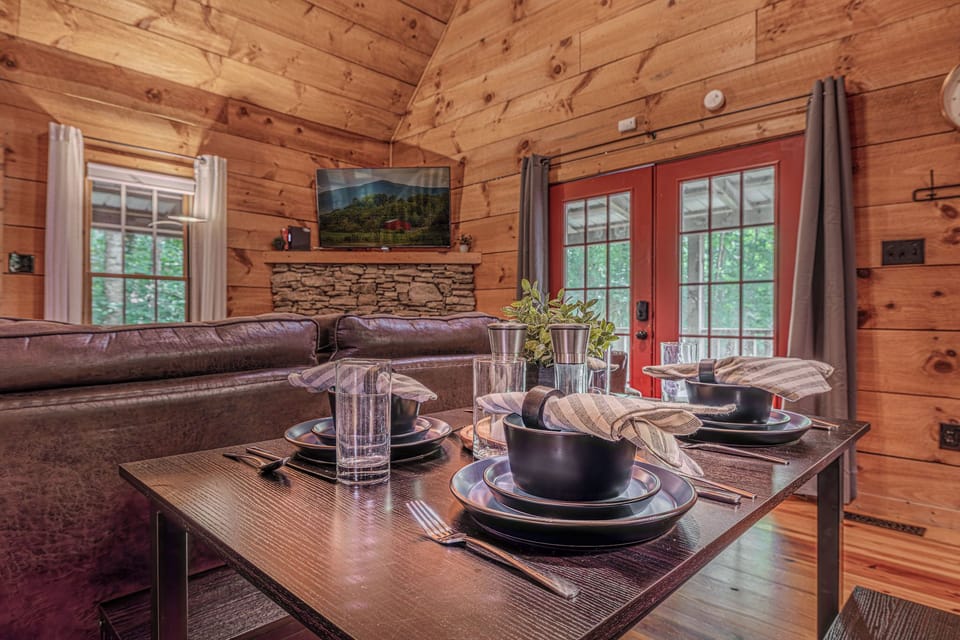 Dinner tastes better with a stone fireplace going.