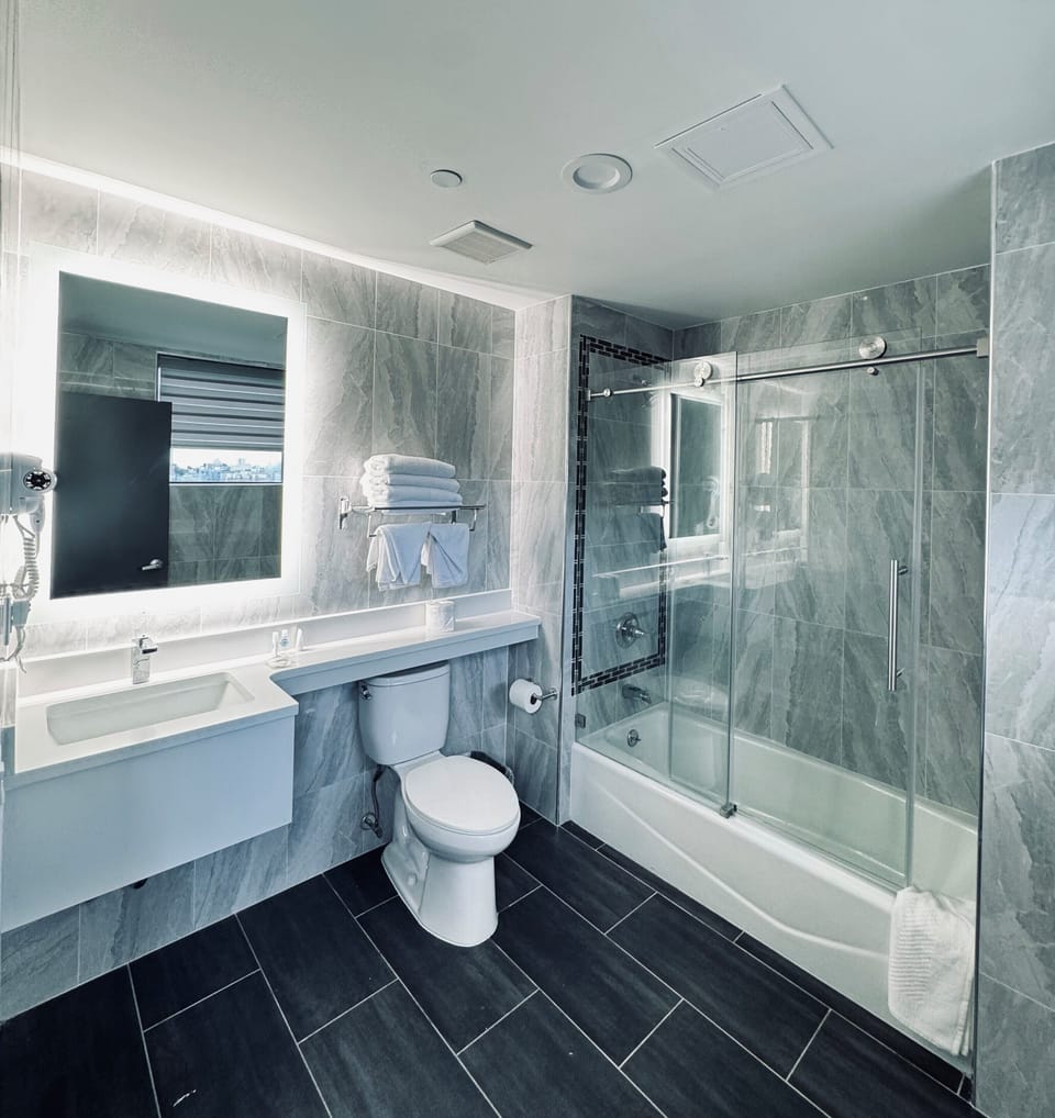 Shower, free toiletries, hair dryer, towels