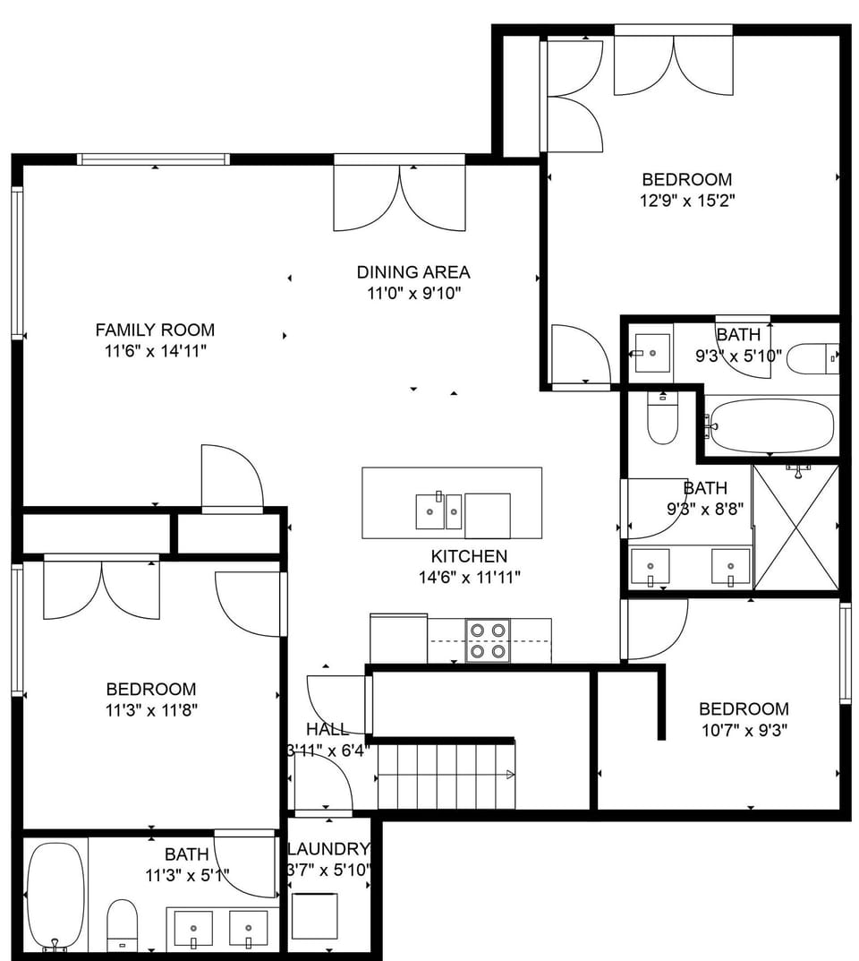 The lower floor includes three bedrooms, three bathrooms,, a kitchen and living area.