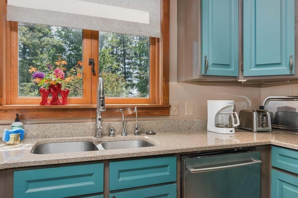 Double-bowled sink and a dishwasher helps make clean up a breeze!