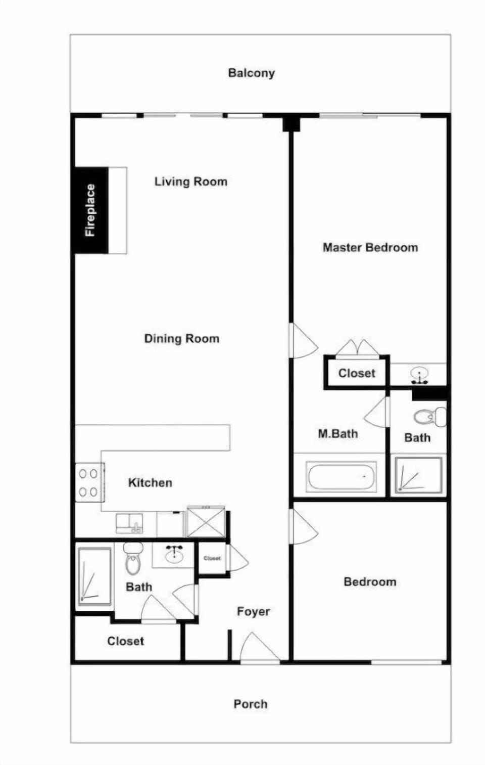Floor plan of the condo featuring a living room, dining room, kitchen, master bedroom with master bath, an additional bedroom, a second bath, and closets. Includes a balcony and a porch.