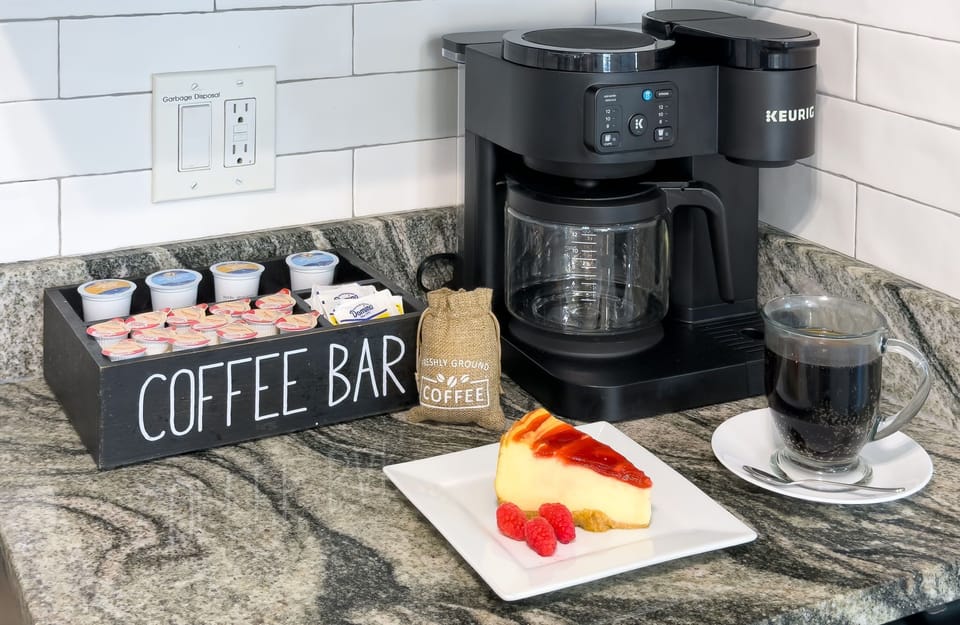 Start your mornings at the cozy coffee station, complete with everything you need for the perfect brew.