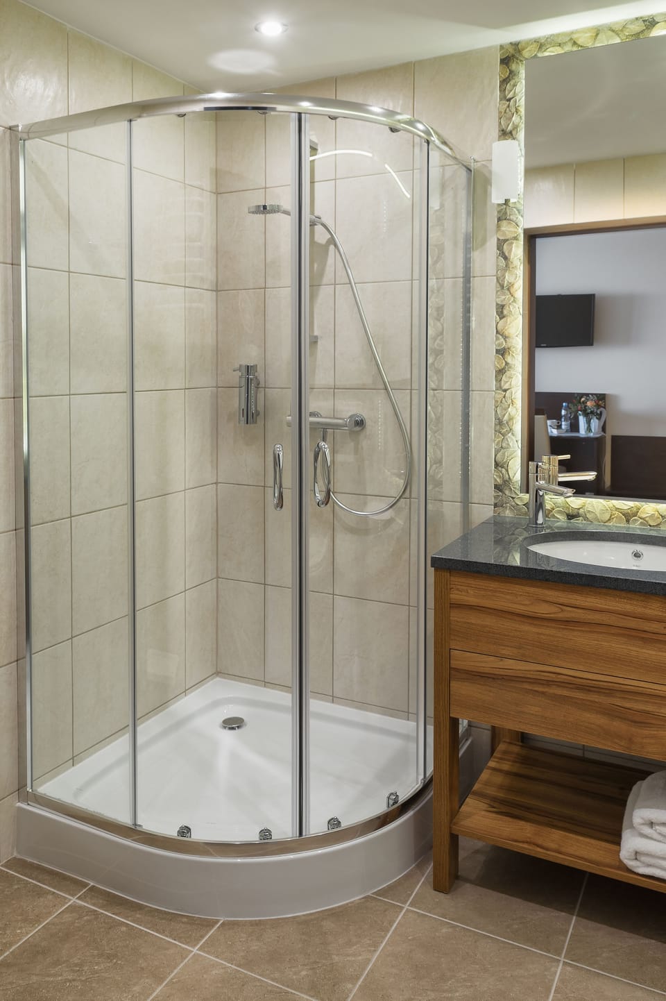 Shower, hair dryer, towels