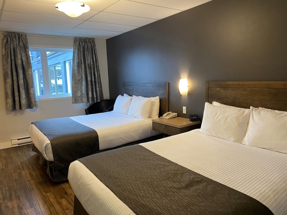 Hypo-allergenic bedding, desk, laptop workspace, blackout drapes