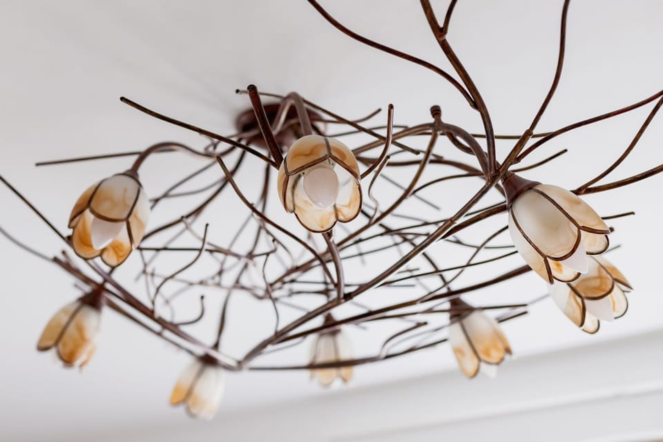 A decorative ceiling light fixture made of branches, adding a unique, rustic element to the space.
