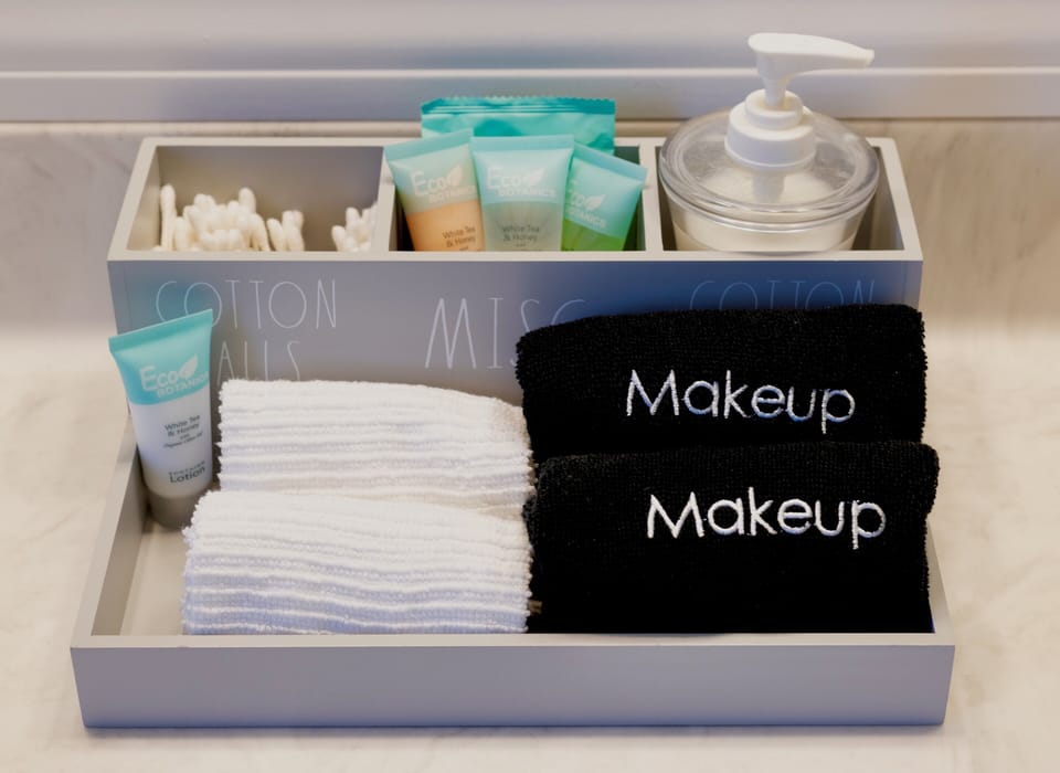 Body wash, shampoo, conditioner,  towels, & makeup towels provided