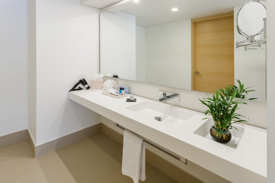 Shower, designer toiletries, hair dryer, towels