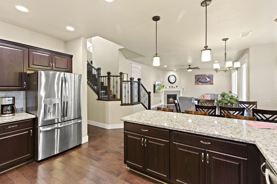 Kitchen, dining, and living space is open concept.