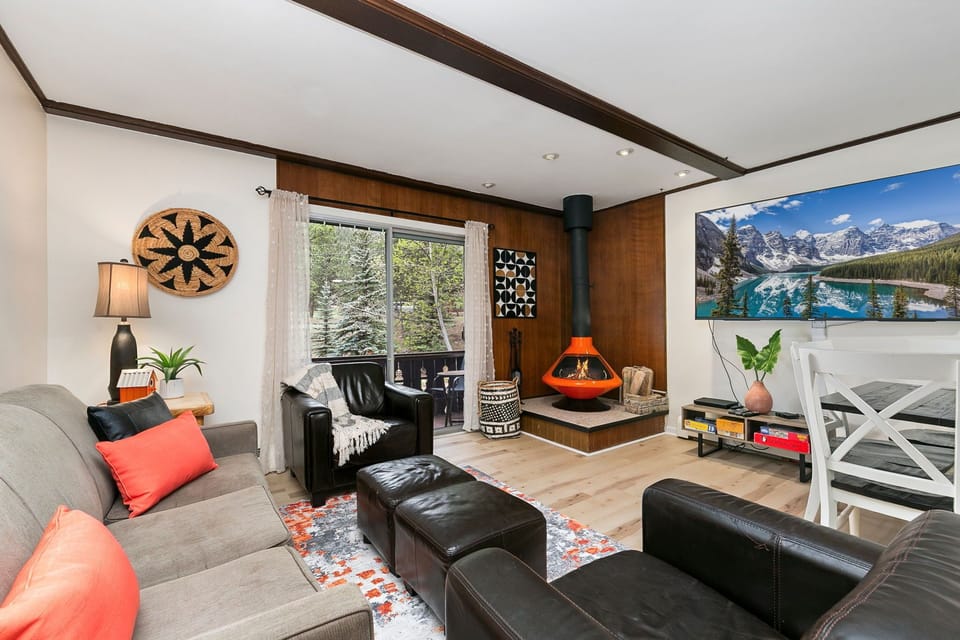 Living Room with Retro Wood Burning Fireplace