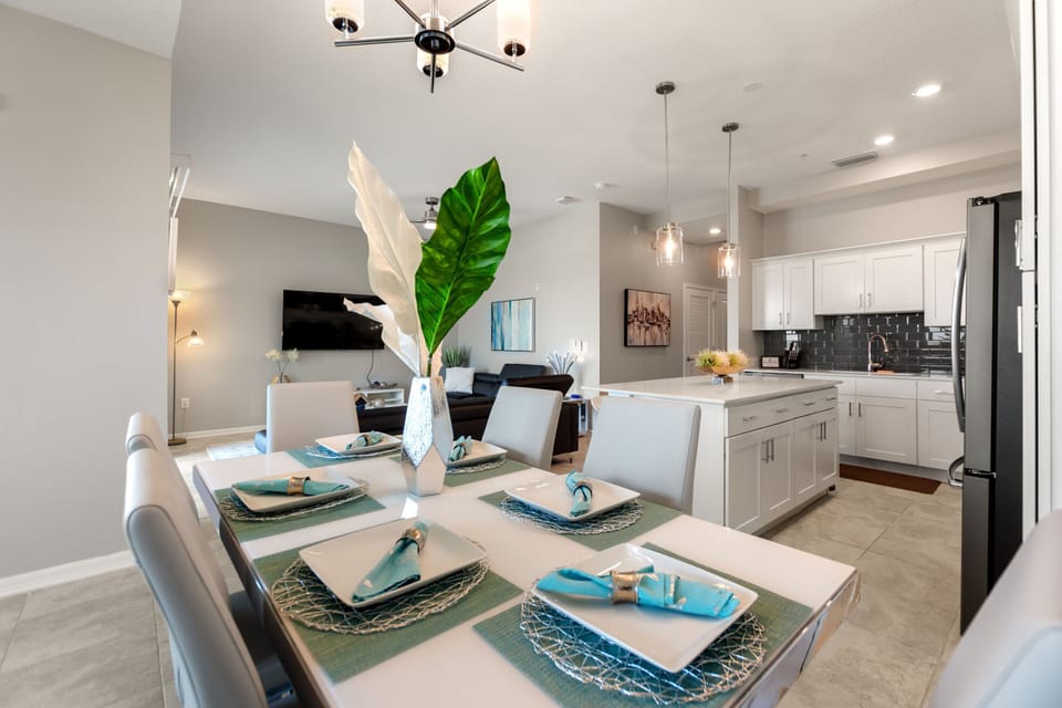 The elegant dining table seats up to 6.