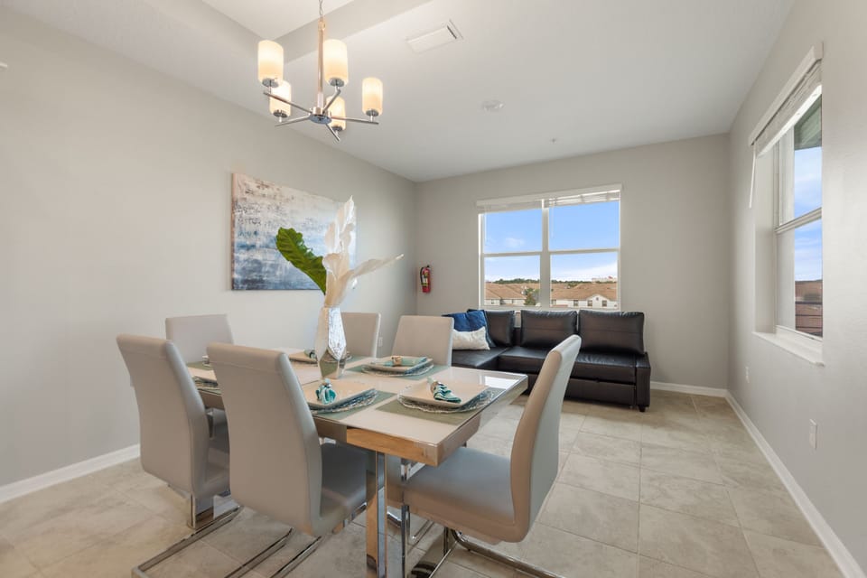 The elegant dining table seats up to 6 overlooking the sofa bed