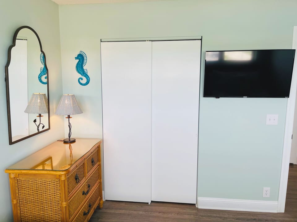 Second bedroom with mounted tv and ample storage closet