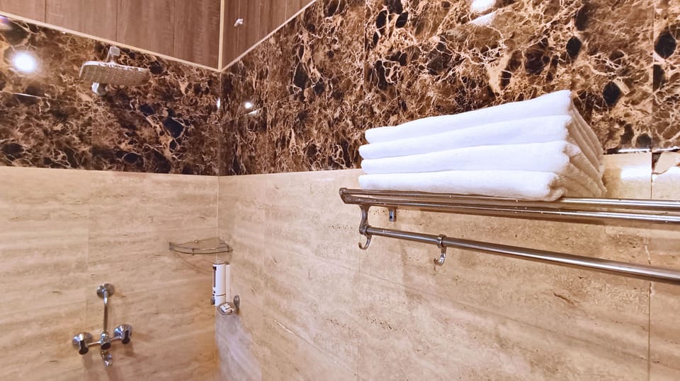 Shower, hydromassage showerhead, free toiletries, hair dryer