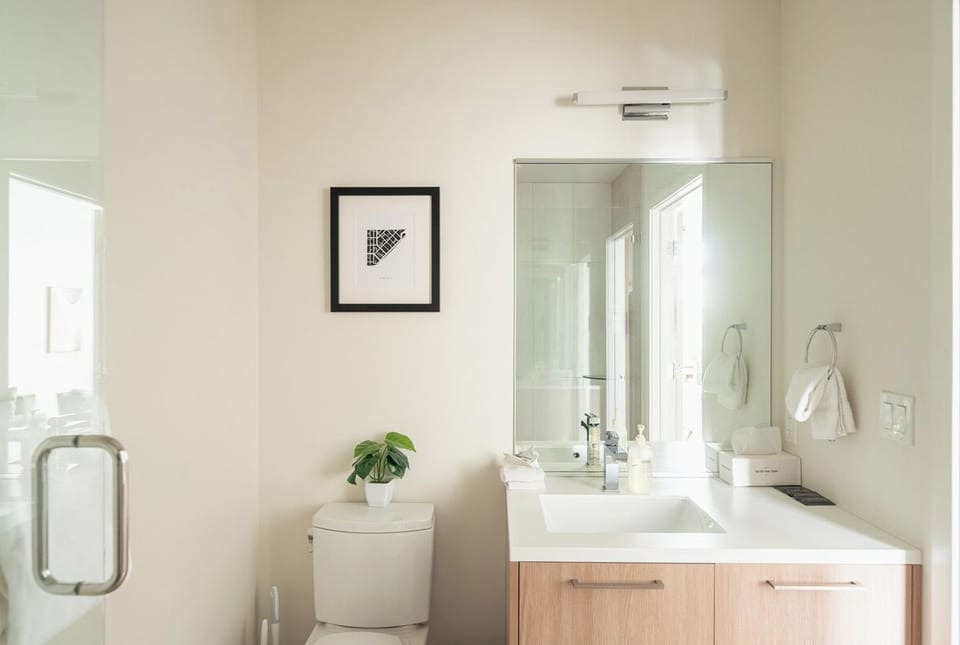 The bathroom is off of the main living area