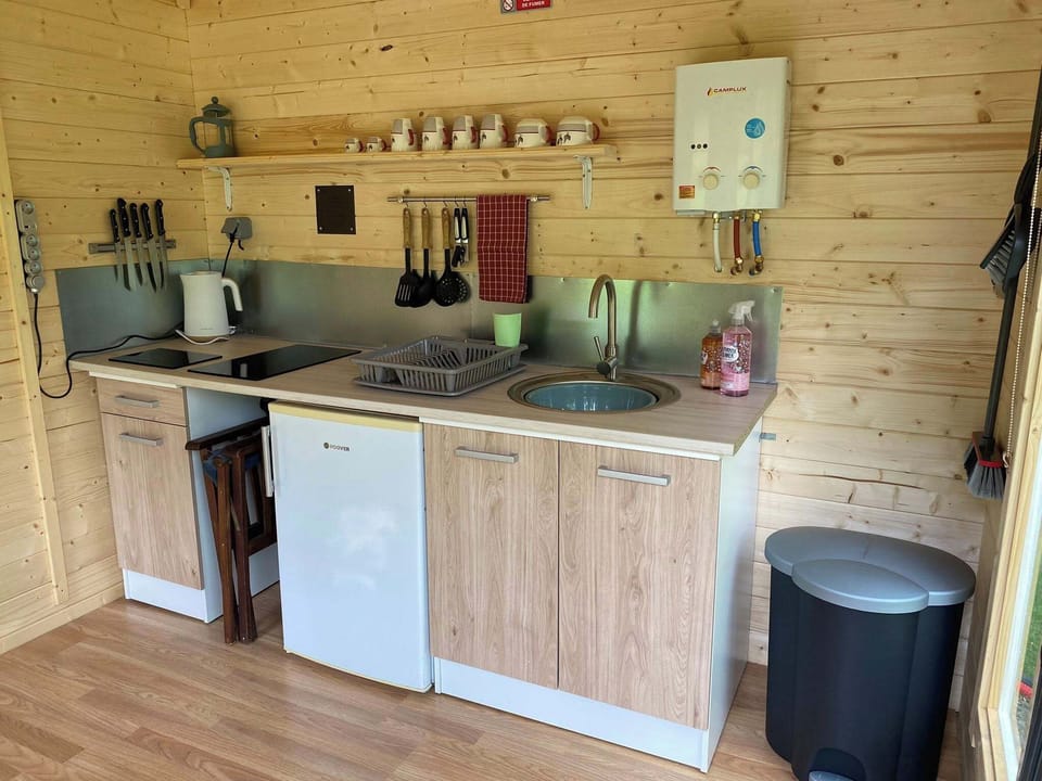Fridge, double electric hob, sink with hot and cold water, etc