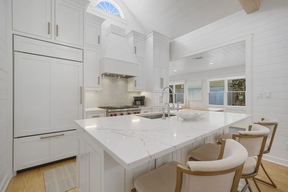 COASTAL KITCHEN WITH BAR TOP SEATING FOR THREE