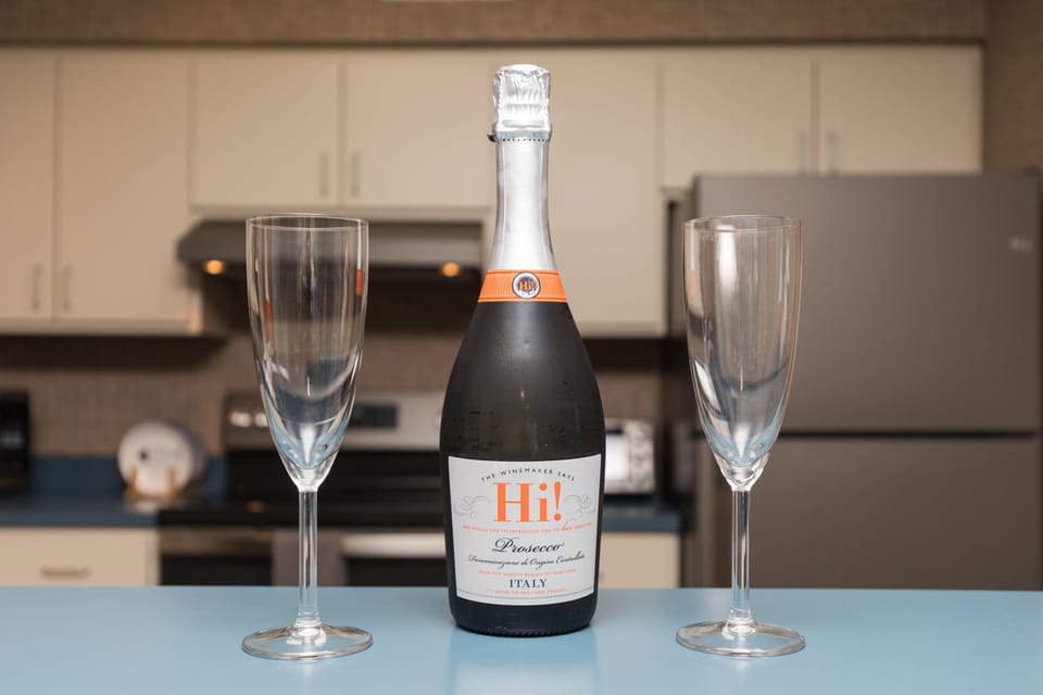 Hi!  Prosecco upon arrival. Cooled and in the refrigerator. Our gift to you!