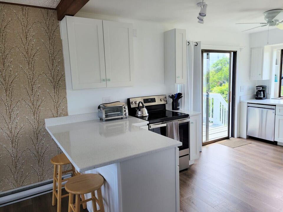 Newly renovated kitchen with water view.