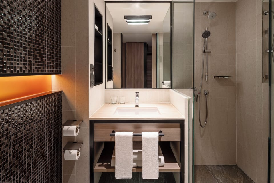 Shower, free toiletries, hair dryer, bathrobes