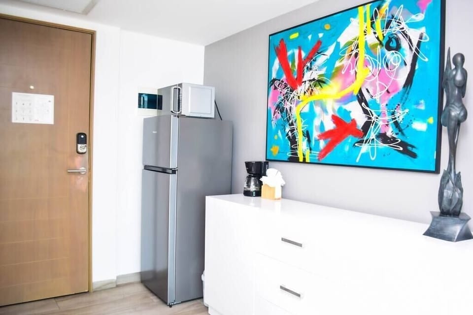 Fridge, microwave, coffe maker