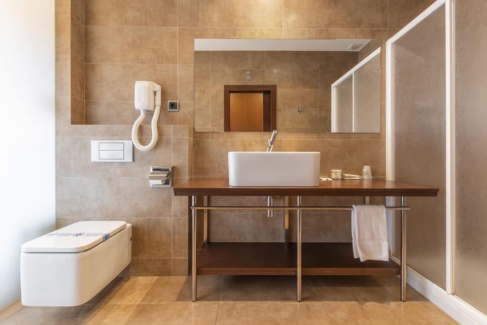 Rainfall showerhead, hair dryer, bidet, towels
