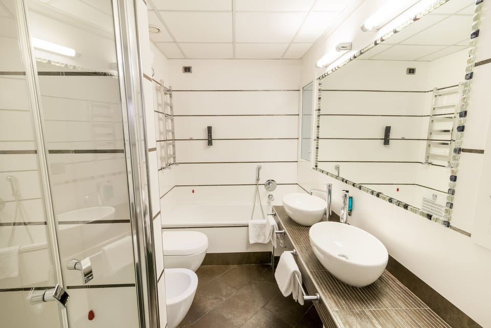 Eco-friendly toiletries, hair dryer, bidet, towels