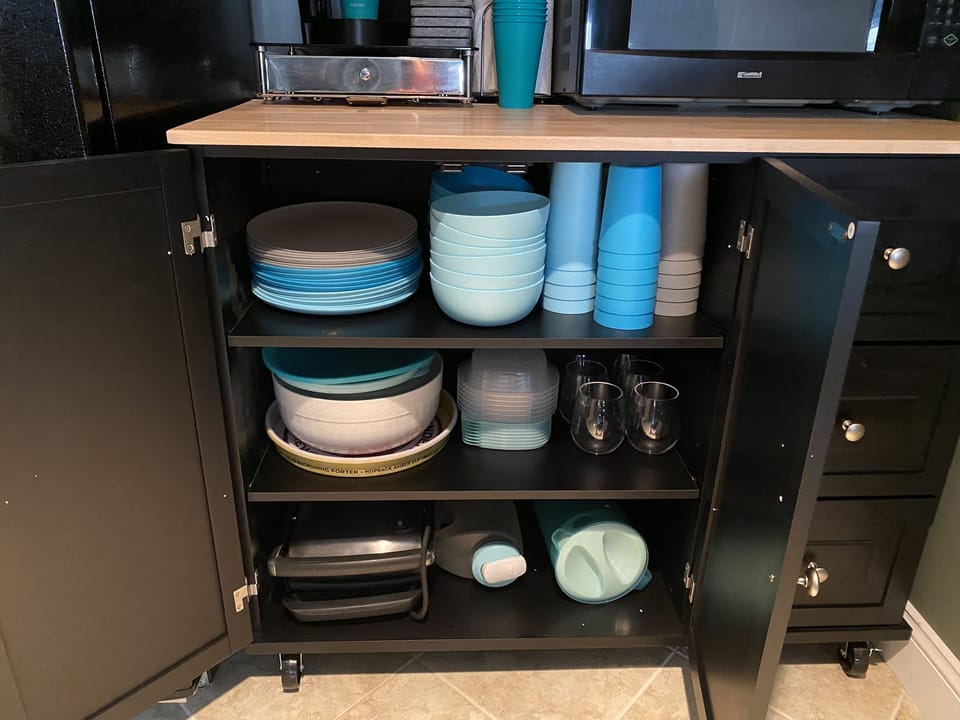 plates, bowls, Tupperware, utensils, wine glasses, coffee/tea etc provided