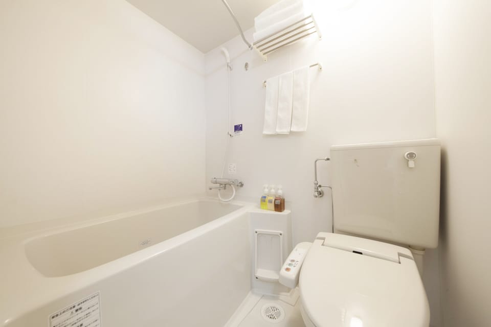 Combined shower/tub, free toiletries, hair dryer, slippers