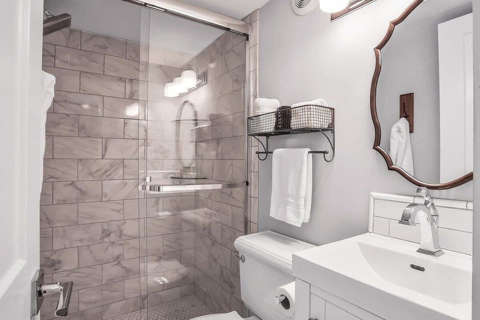 Fresh towels and modern features offer plenty of room to get ready for the day.
