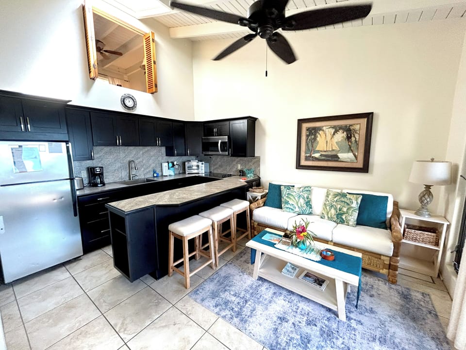 The kitchen and living area