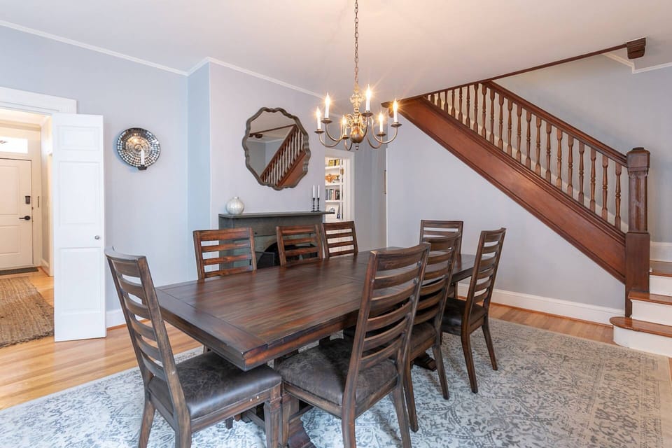 Gather around the gas fireplace int he dining room.