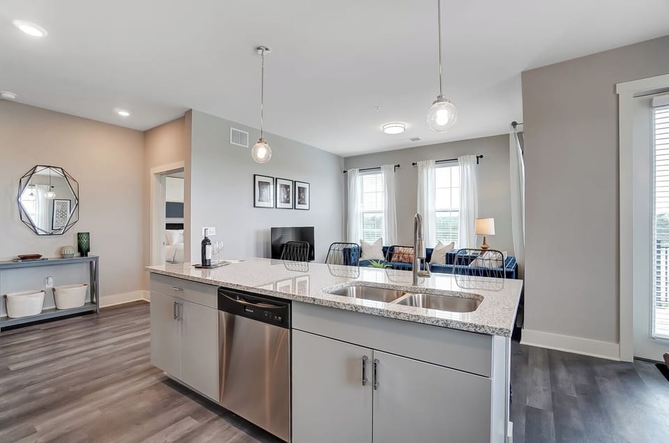 New stainless appliances and lots of cleaning supplies under the sink