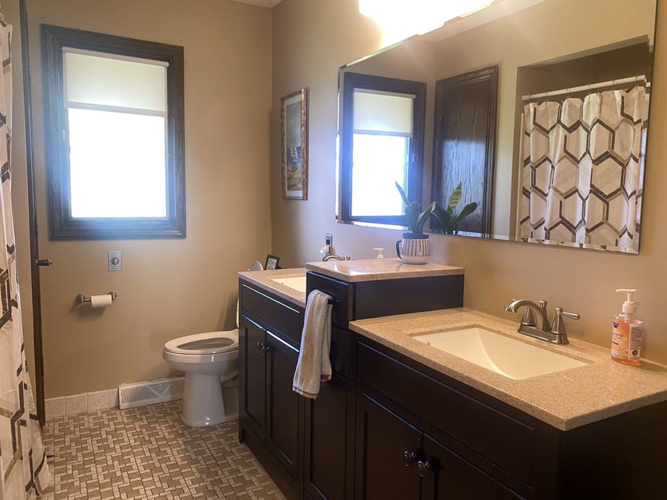 Bathroom 1: double vanity sink, shower and tub.