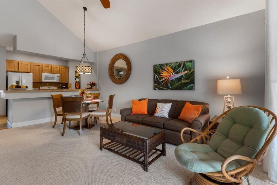 Bright and spacious living room with Hawaiian inspired decor