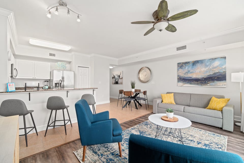 Newly decorated and furnished living room, kitchen and dining area