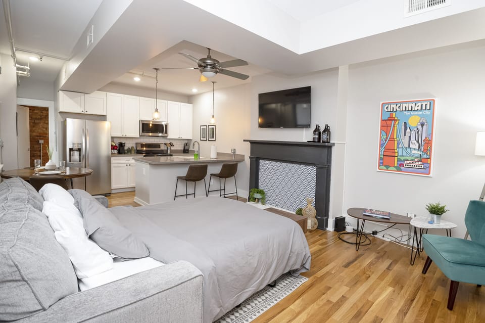 The sleeper sofa located in the living room becomes an extra queen sized bed.