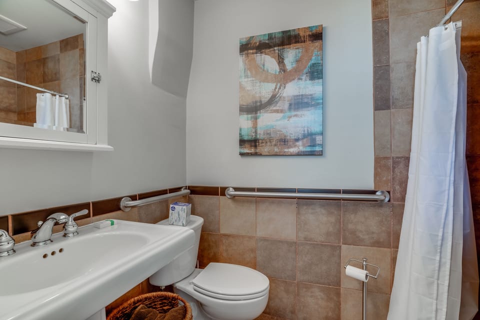 Downstairs bathroom, near first floor bedroom, with shower
