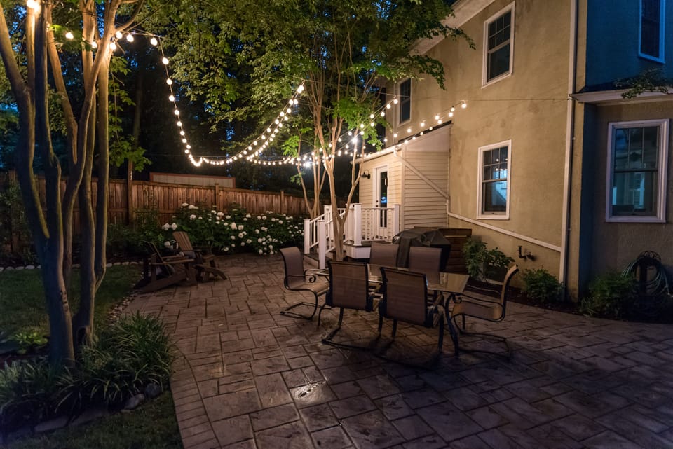 Night time string lights offer great ambience for enjoying a relaxing evening