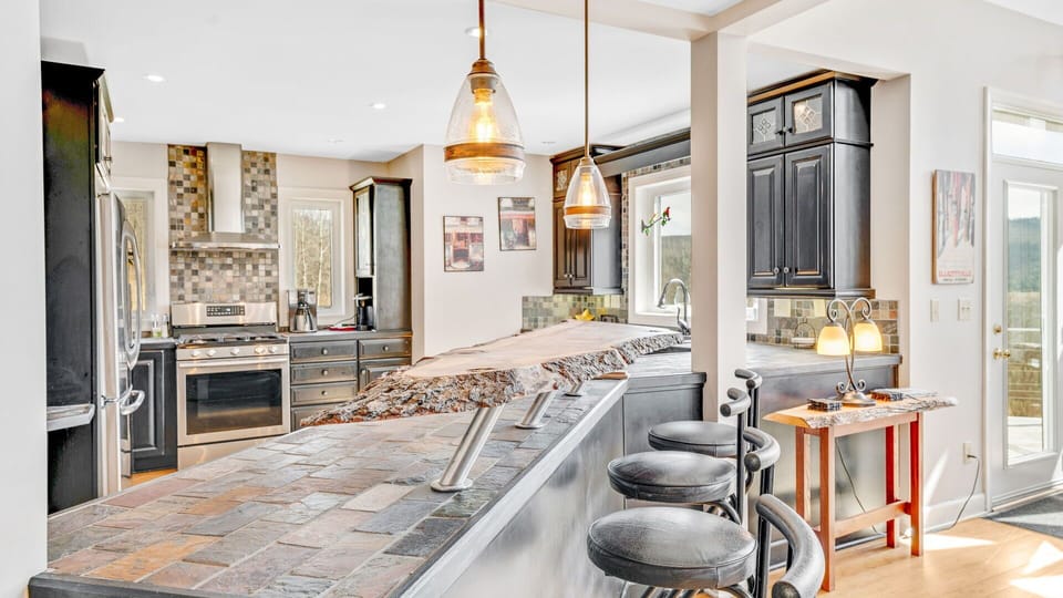 Natural wood bar with four handmade wooden bar stools (not pictured here)