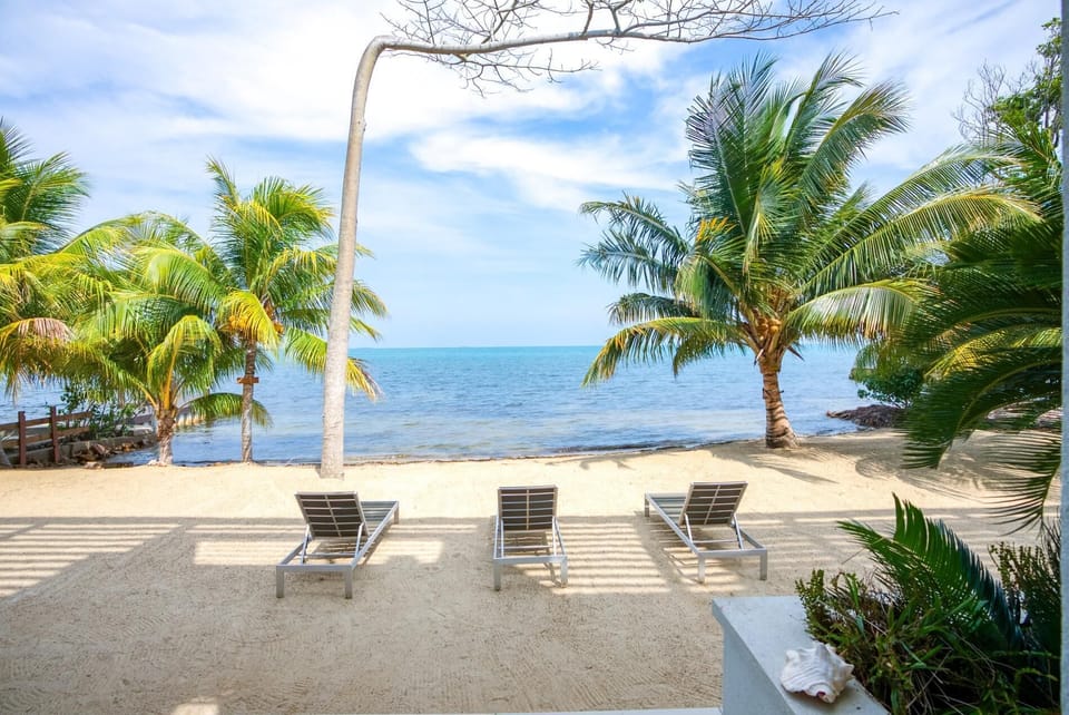 Beach front and beach lounge chairs.